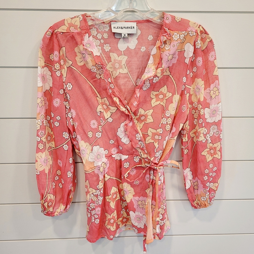 Alex and Parker Faux Wrap Ruffle Neck Floral Blouse Fairy Size M